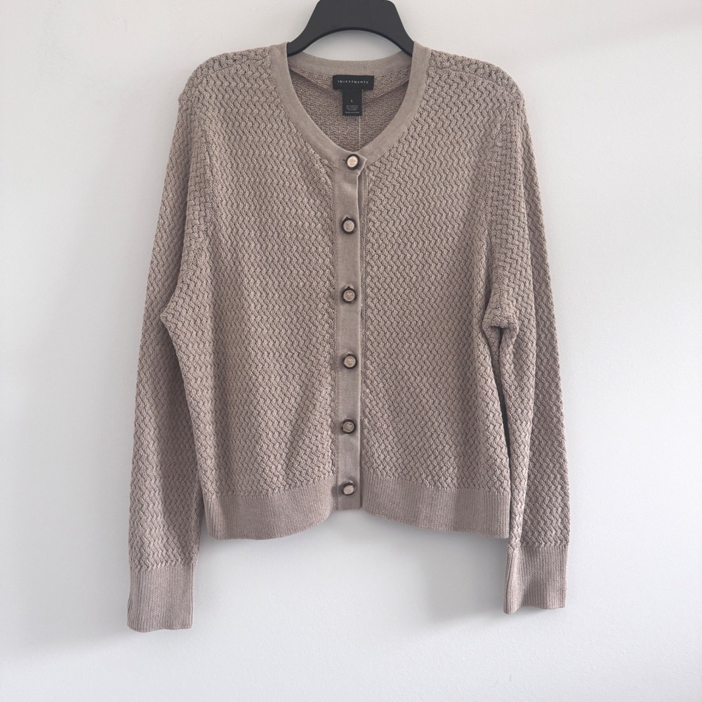 Investments Crew Neck Long Sleeve Button Front Cardigan Women L Knit